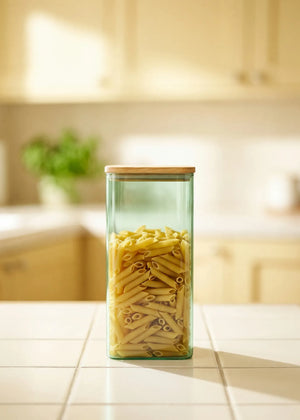 Green glass storage container with lid, 2.3L, from Flying Tiger Copenhagen Designer Collection, ideal for kitchen storage.