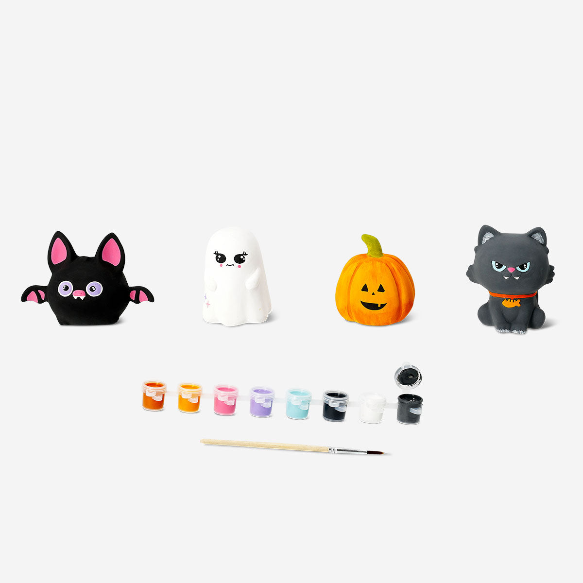 Set of 4 DIY decorative Halloween figures with paint and brush from Flying Tiger Copenhagen for crafting and decorating.
