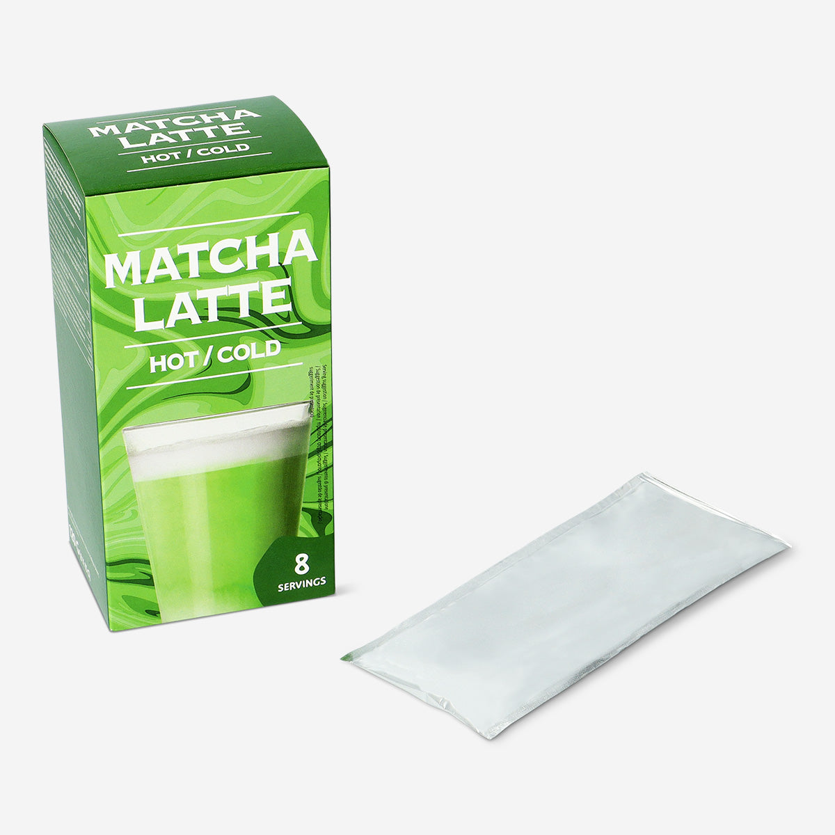 Flying Tiger Copenhagen matcha latte powder sticks, convenient food beverage mix with vibrant green color and packaging.