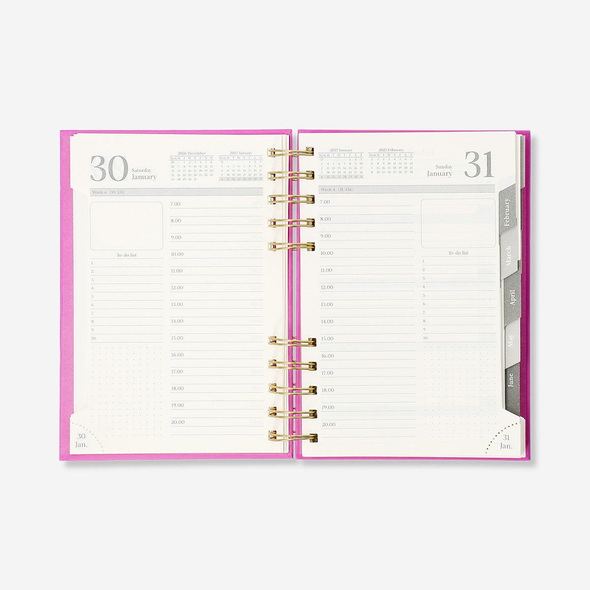 Pink B6 daily diary 2027 by Flying Tiger Copenhagen, featuring a compact office planner with date pages and a colorful cover.