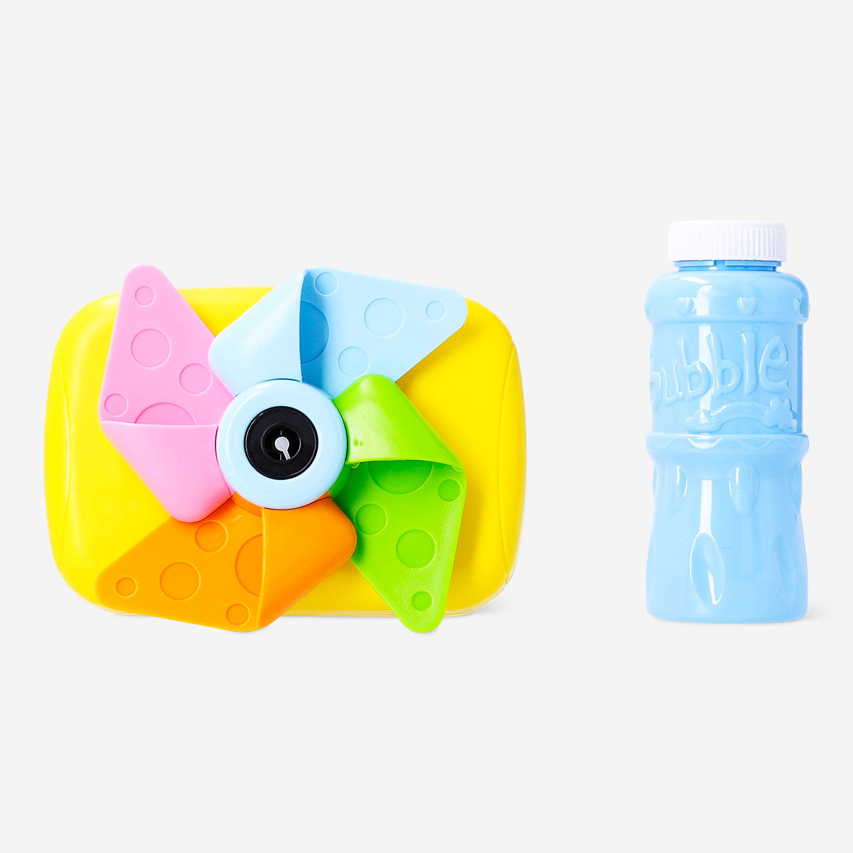 Flying Tiger Copenhagen toy soap bubble blower shaped like a camera, colorful and fun for kids.