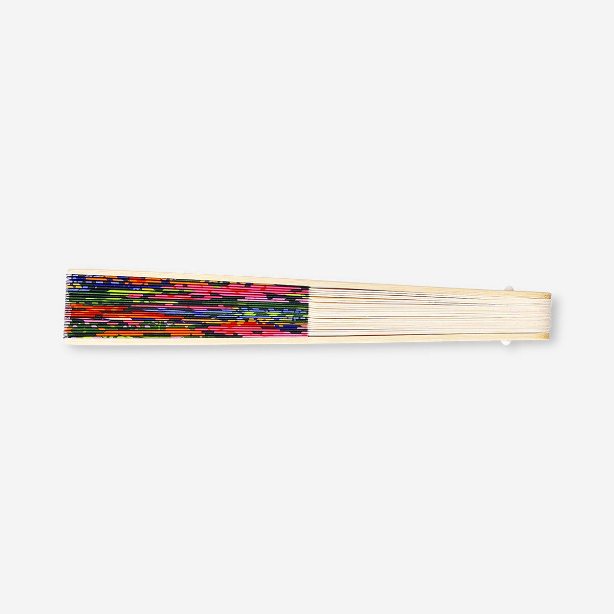 Foldable bamboo fan with tropical print from Flying Tiger Copenhagen, showing vibrant textile design and compact foldable structure.
