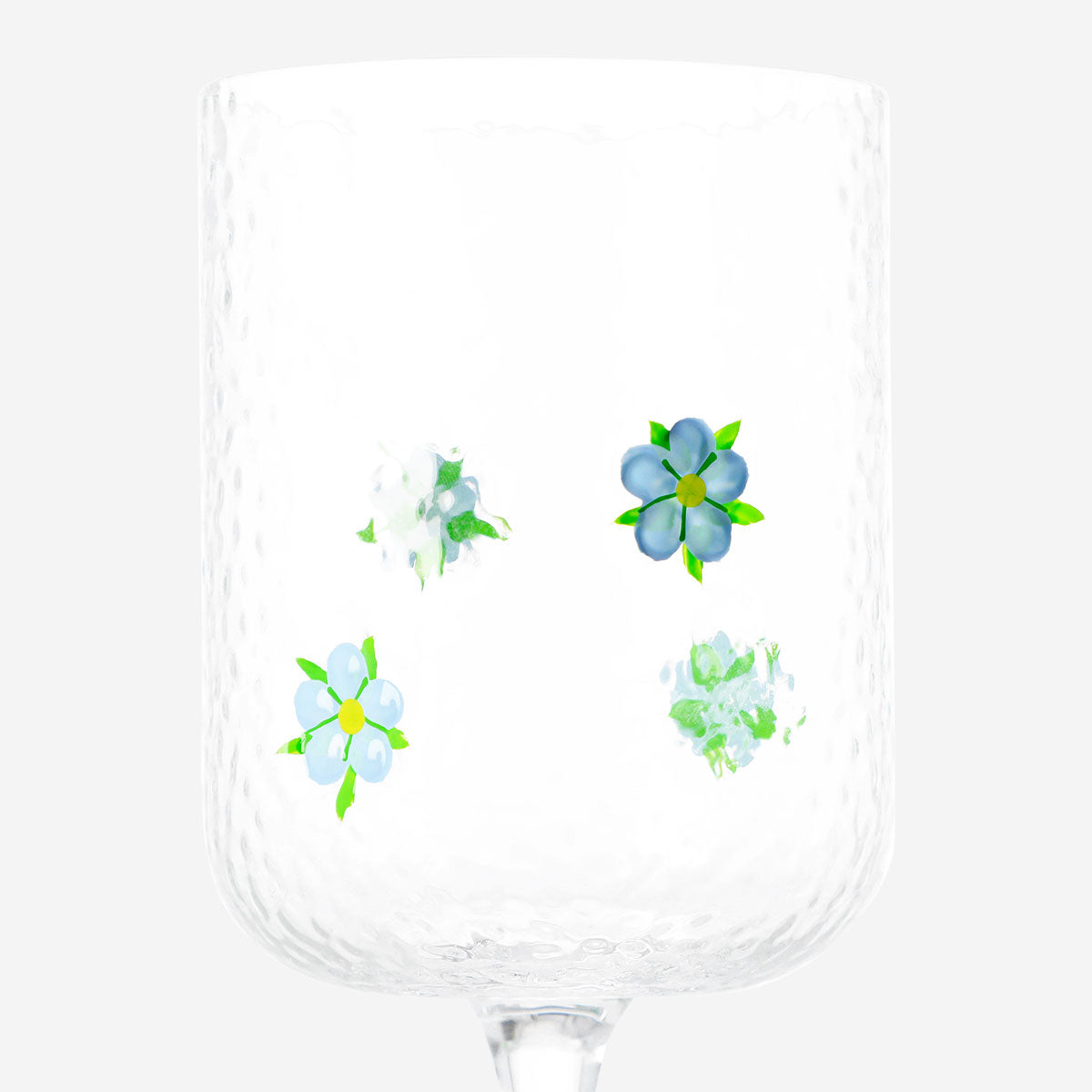 Blue embossed flower wine glass from Flying Tiger Copenhagen, 350 ml, with detailed floral design and clear glass body.