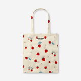Flying Tiger Copenhagen strawberry print tote bag made of textile with colorful strawberry pattern and sturdy handles.