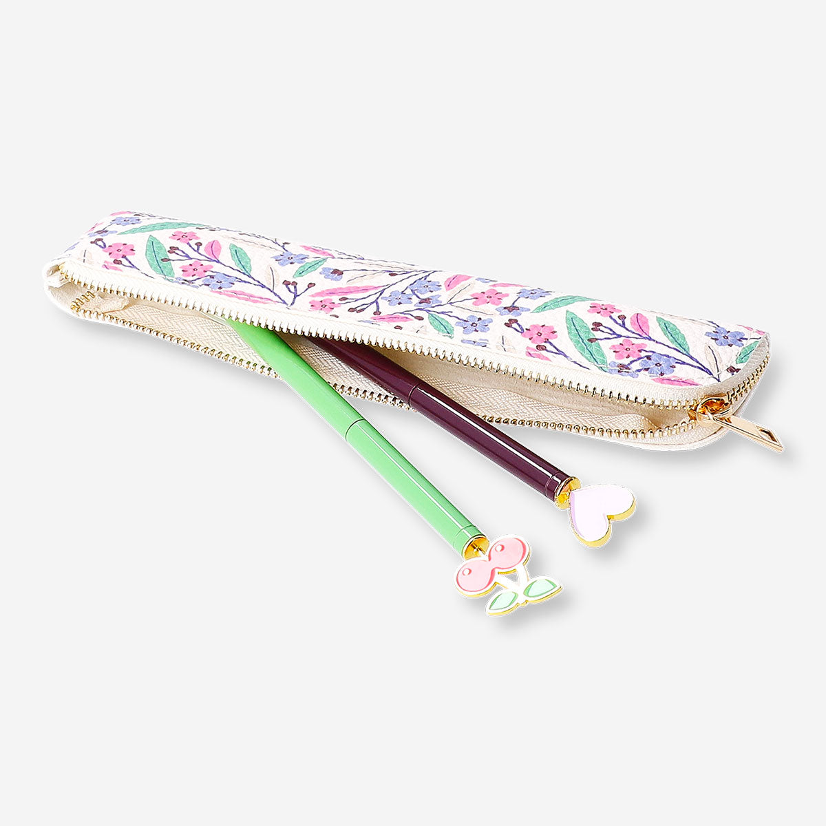 Colorful floral office pencil case by Flying Tiger Copenhagen with zip closure and fabric exterior for stationery storage.