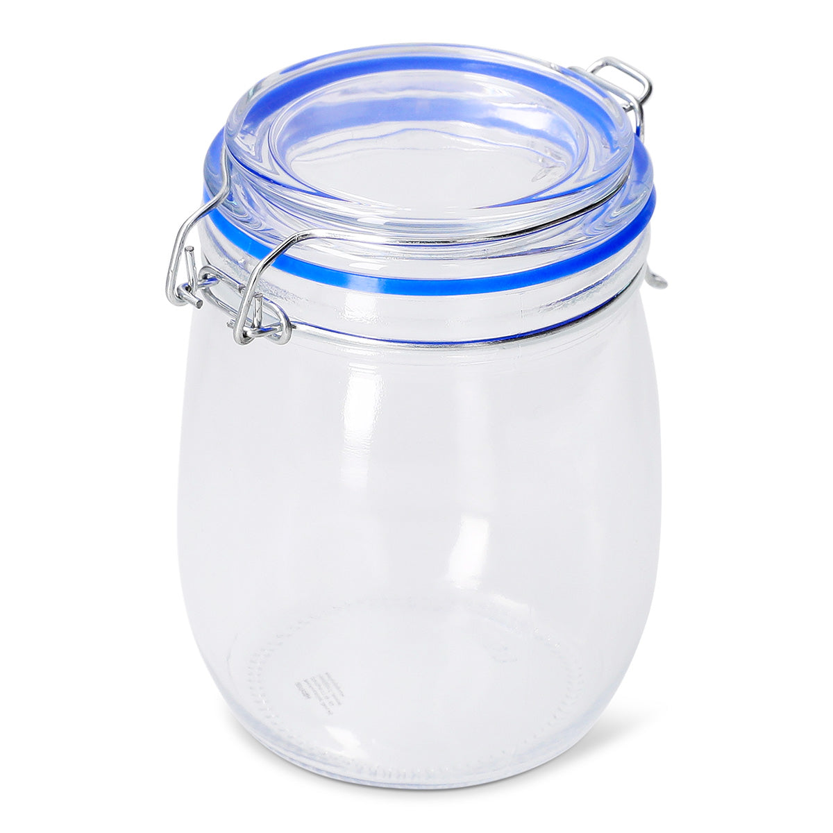 Glass jar with navy rim, 14 cm tall, suitable for kitchen storage, by Flying Tiger Copenhagen.