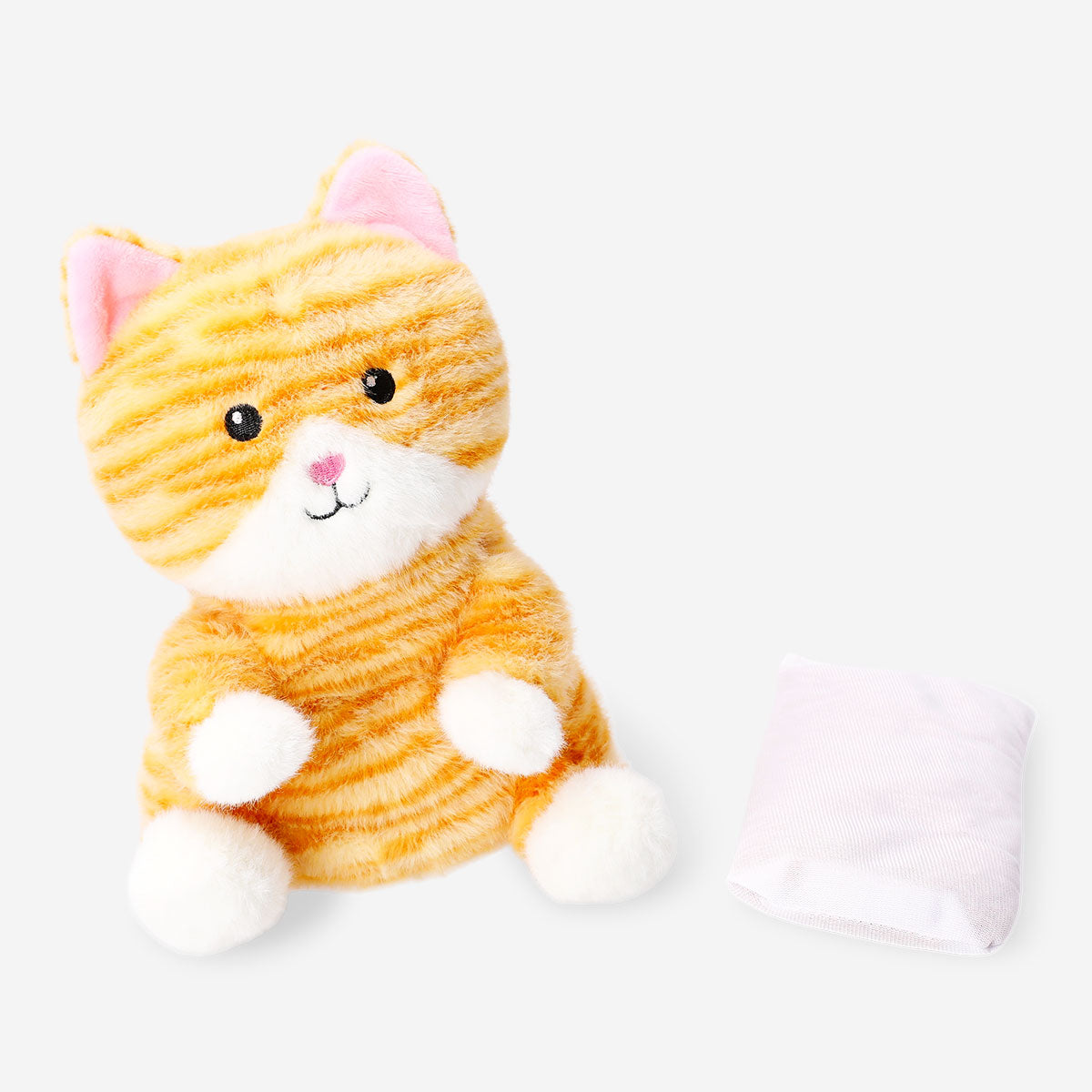 Flying Tiger Copenhagen plush heating toy featuring a soft, adorable tabby cat design ideal for comfort and warmth.