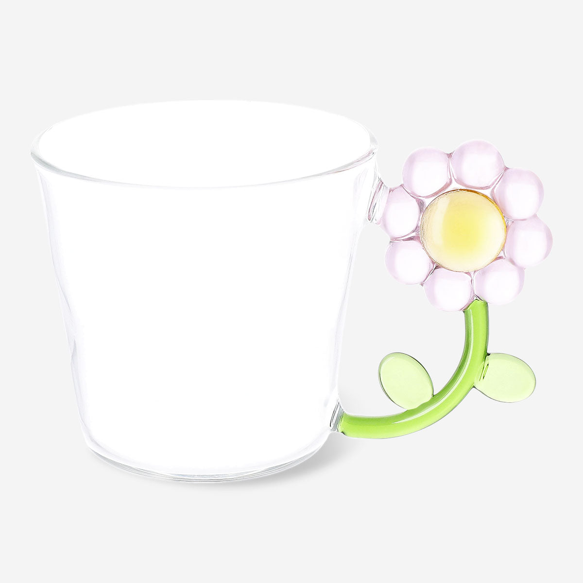 Pink flower handle drinking glass from Flying Tiger Copenhagen, 230 ml kitchen glass with floral design and clear glass body.