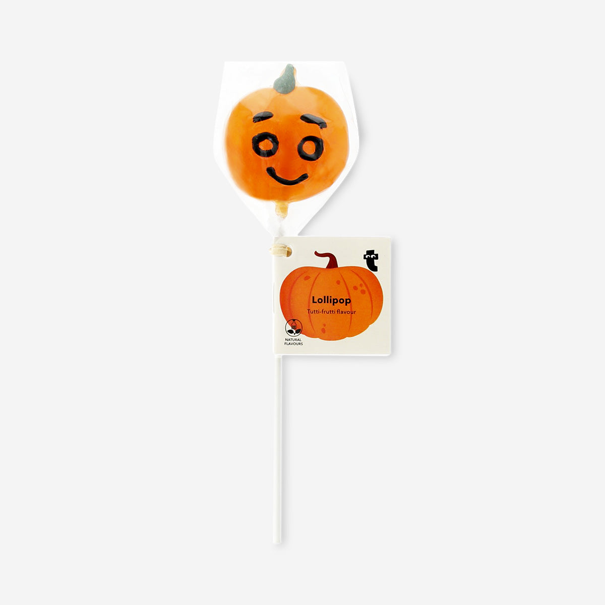 Colorful pumpkin-shaped lollipop with tutti-frutti flavor from Flying Tiger Copenhagen, featuring vibrant orange and green swirls.