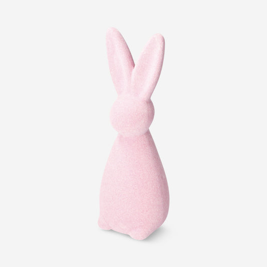 Decorative pink flock rabbit - 21 cm