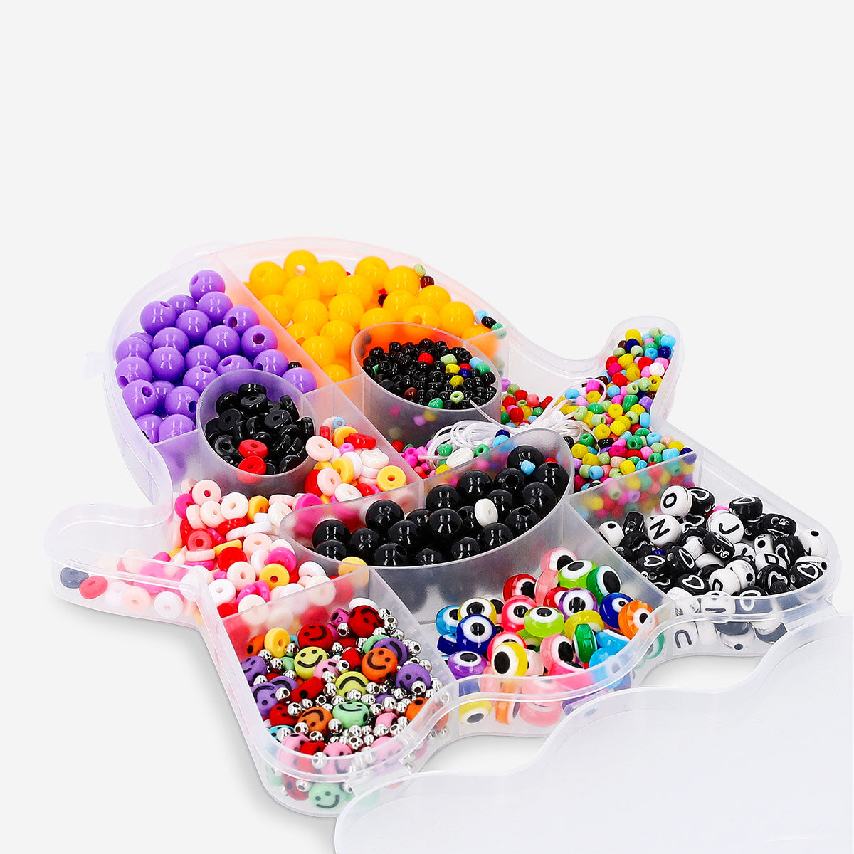 Hobby bead set from Flying Tiger Copenhagen displayed in a ghost box, featuring colorful beads for crafts and jewelry making.