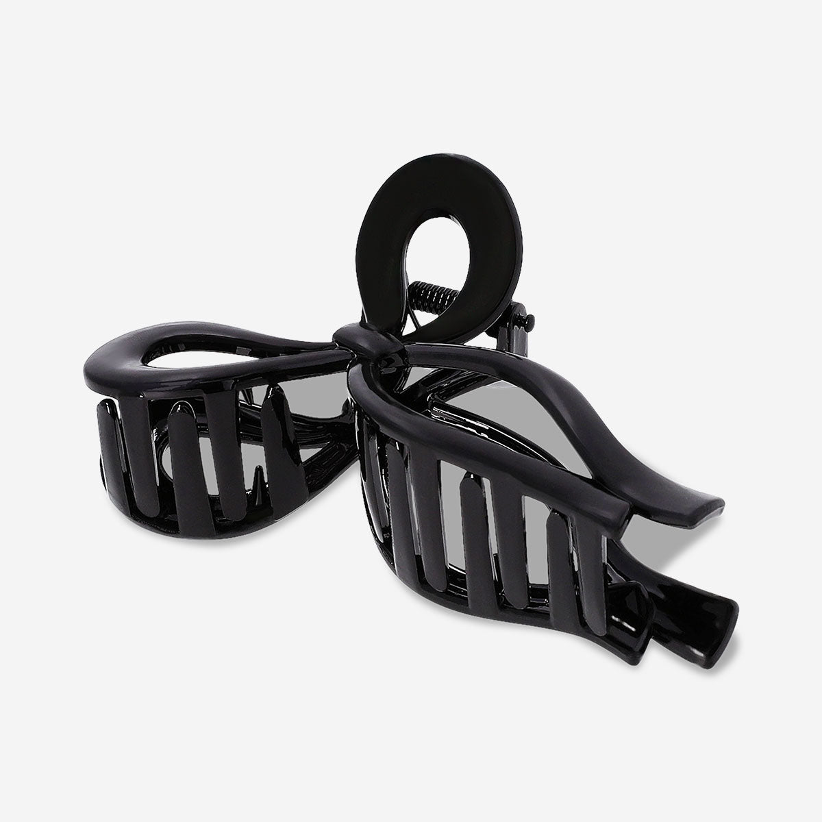 Black textile bow hairclip with a sleek, classic design, perfect for adding a stylish touch to hairstyles.