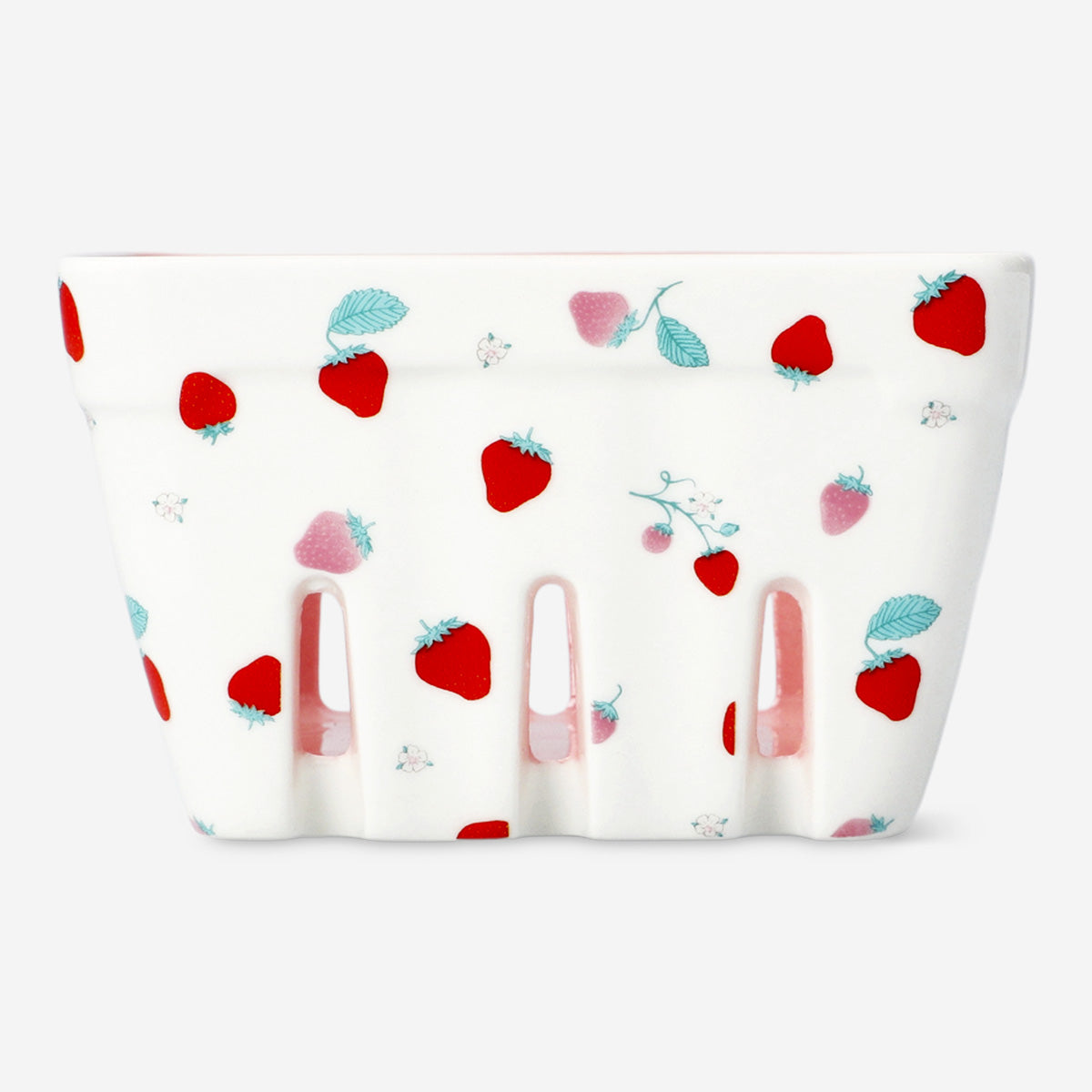 Ceramic kitchen colander with strawberry print from Flying Tiger Copenhagen, featuring a round shape and colorful fruit design.