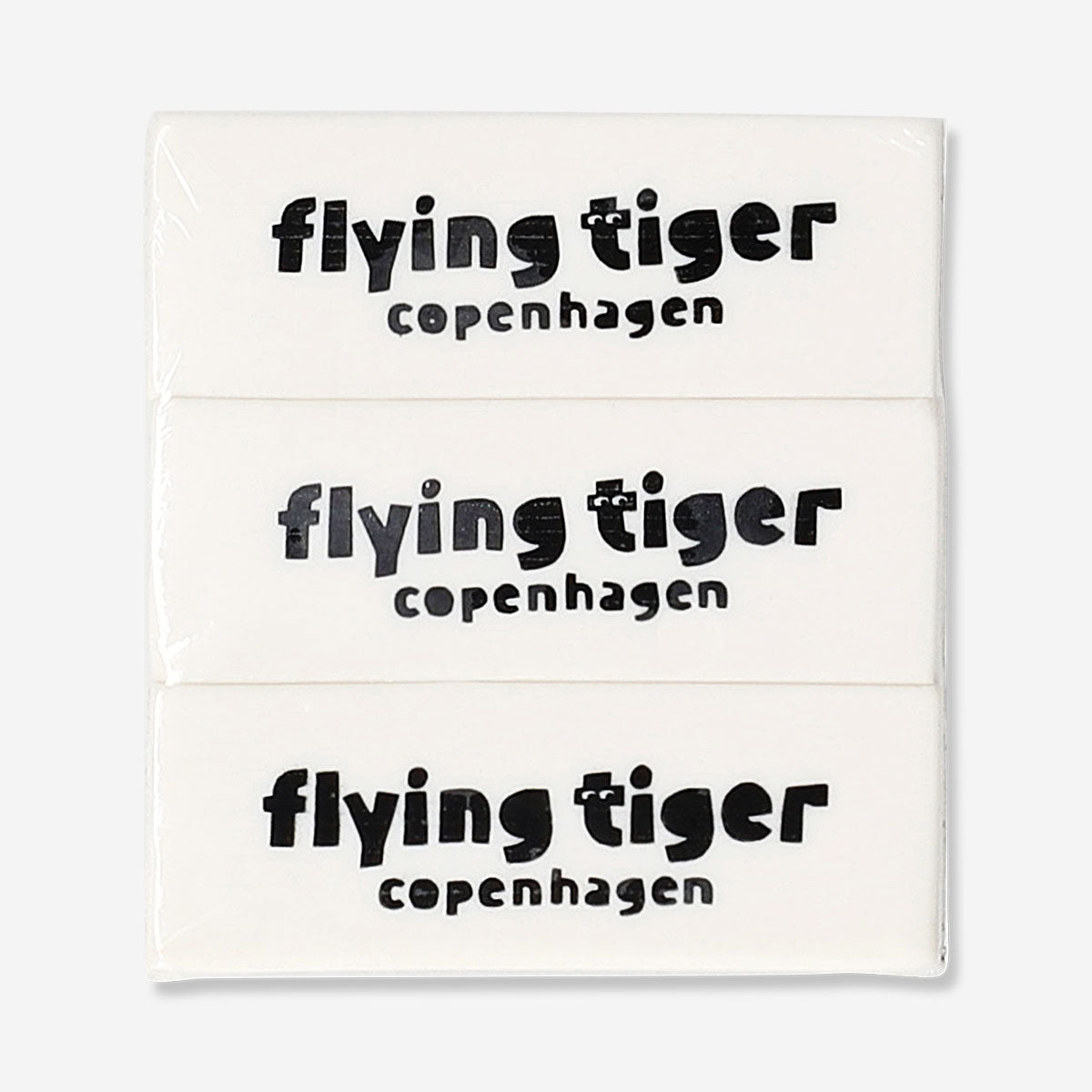 Set of three office erasers by Flying Tiger Copenhagen, featuring colorful, rectangular erasers on a white background.