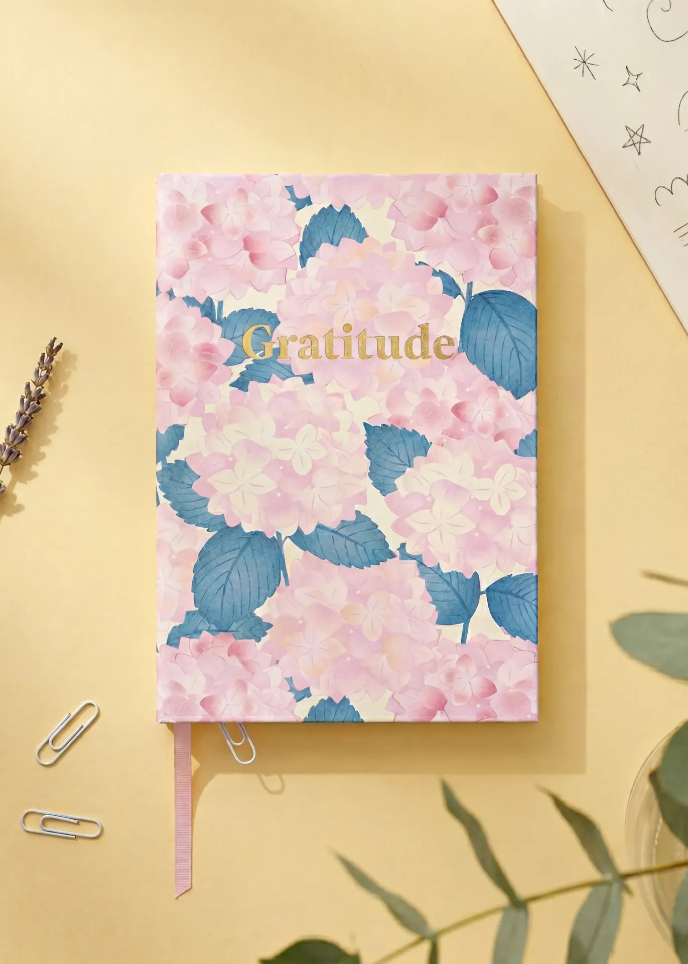 Flying Tiger Copenhagen Hydrangea gratitude journal for office use, featuring a floral cover design with hydrangea illustrations.