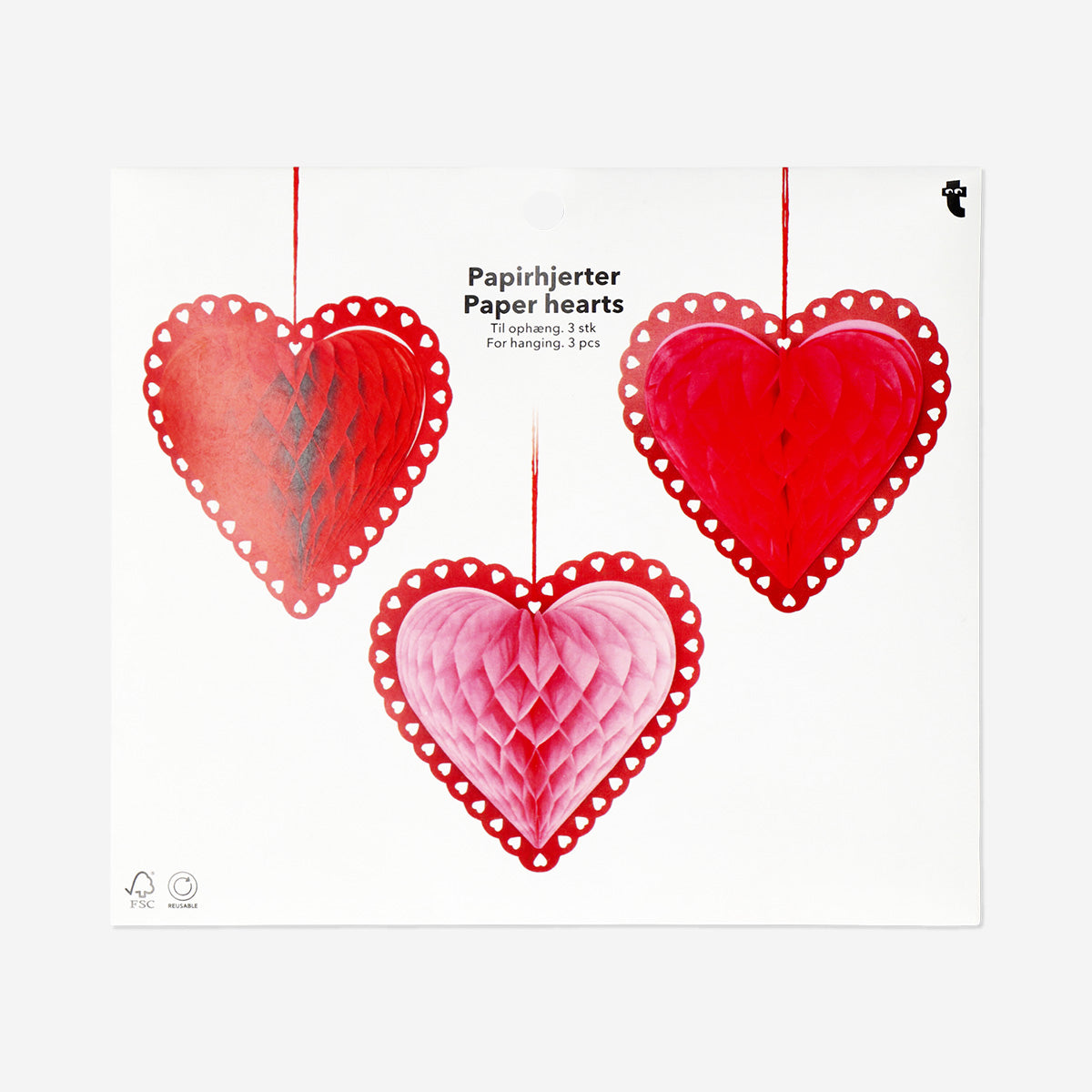 Papieren honingraat harten om op te hangen - 3 stuks