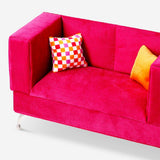 Pink velvet jewellery box designed as a sofa from Flying Tiger Copenhagen, stylish home accessory with detailed fabric texture.