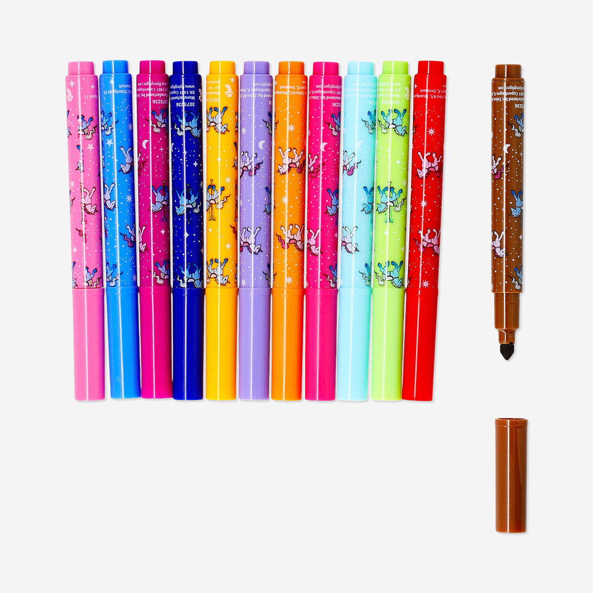 Set of 12 colorful office markers in a unicorn-themed case from Flying Tiger Copenhagen, perfect for school or office use.