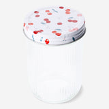 Glass storage jar with cherry print lid, 16 cm, from Flying Tiger Copenhagen, featuring a clear jar and colorful cherry design lid.
