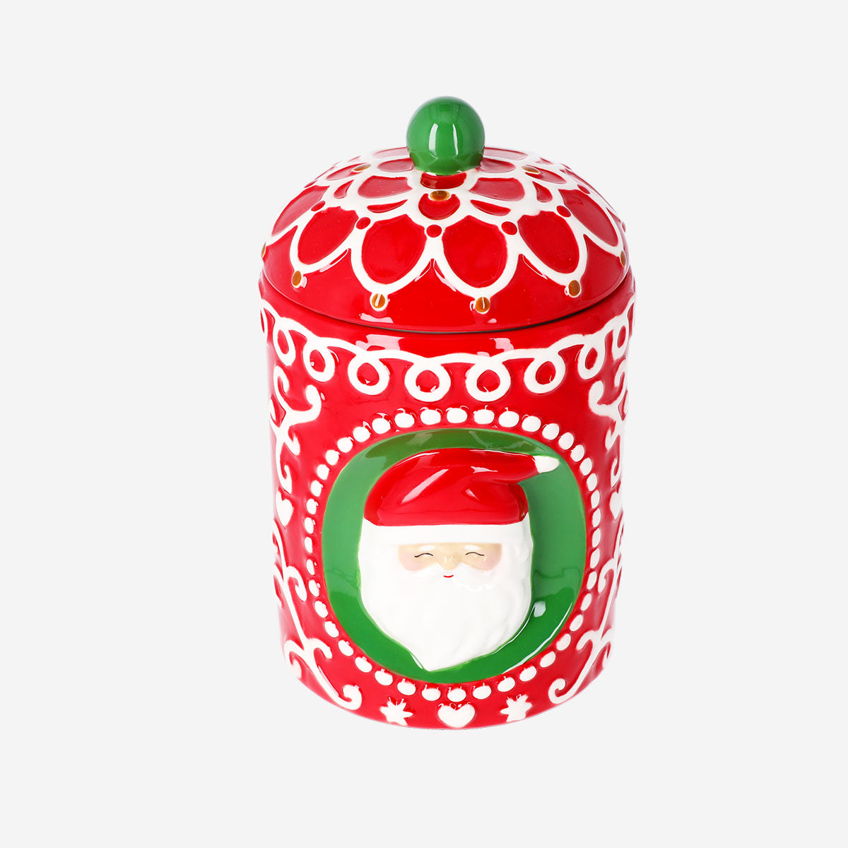 Ceramic storage jar with embossed Santa design, 23 cm tall, from Flying Tiger Copenhagen, suitable for kitchen organization and decor.
