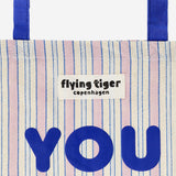 Striped tote bag with blue handles