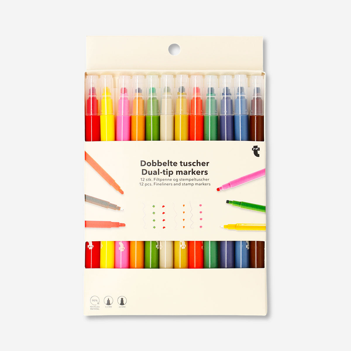 Set of 12 Flying Tiger Copenhagen dual-tip markers with fineliners and stamps, ideal for office and craft projects.