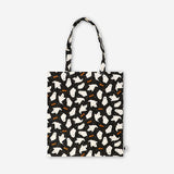 Flying Tiger Copenhagen Halloween ghosts tote bag made of textile with spooky ghost designs on a black background.