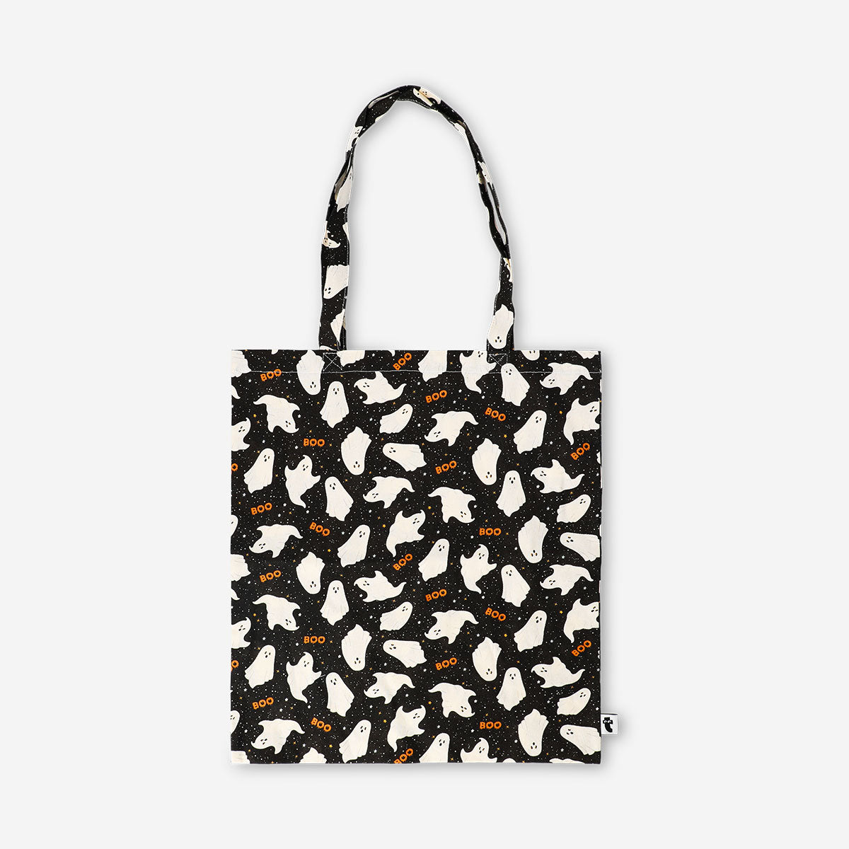 Flying Tiger Copenhagen Halloween ghosts tote bag made of textile with spooky ghost designs on a black background.