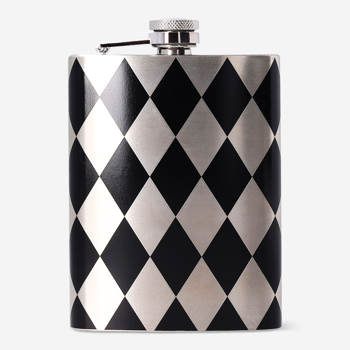 Flying Tiger Copenhagen 200ml hip flask with colorful harlequin diamond print, ideal for portable beverage storage.