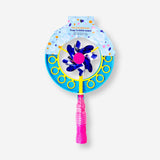 Flying Tiger Copenhagen soap bubble wand fan with colorful pinwheel toy for blowing bubbles and creating fun visual effects.