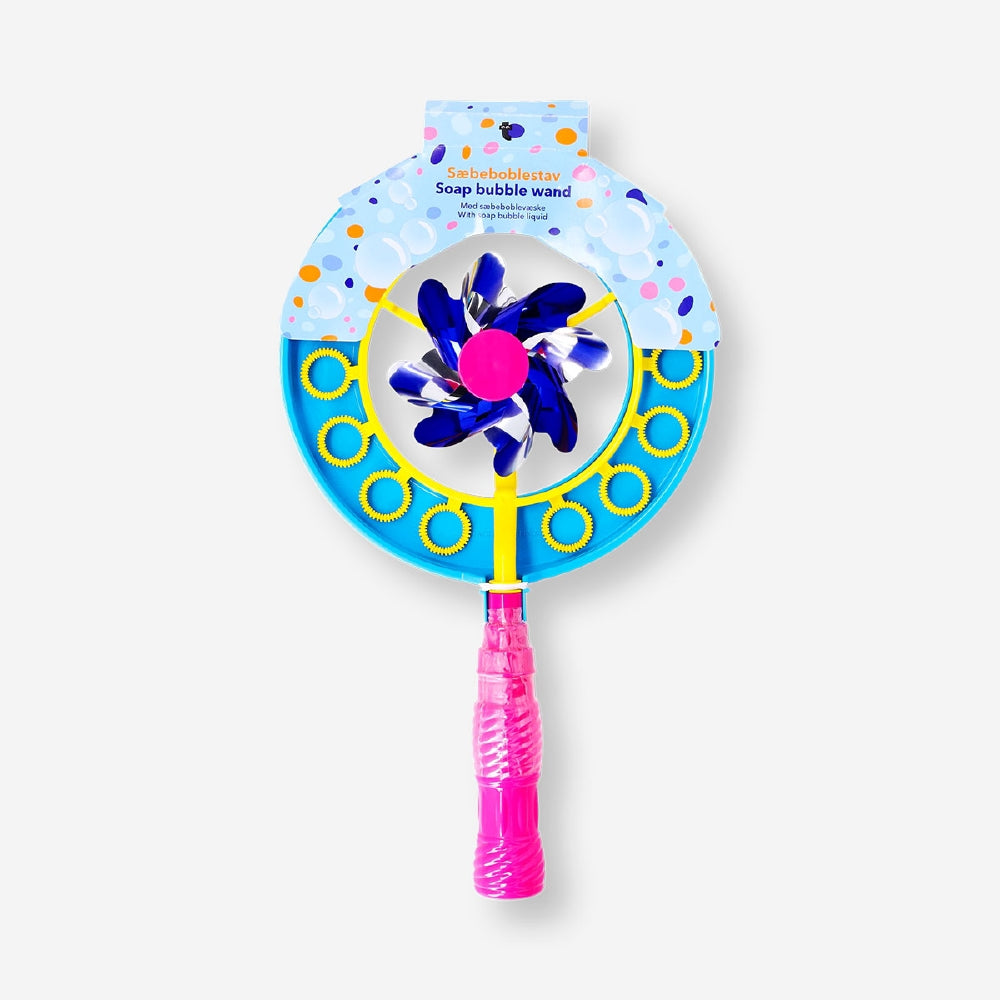 Flying Tiger Copenhagen soap bubble wand fan with colorful pinwheel toy for blowing bubbles and creating fun visual effects.