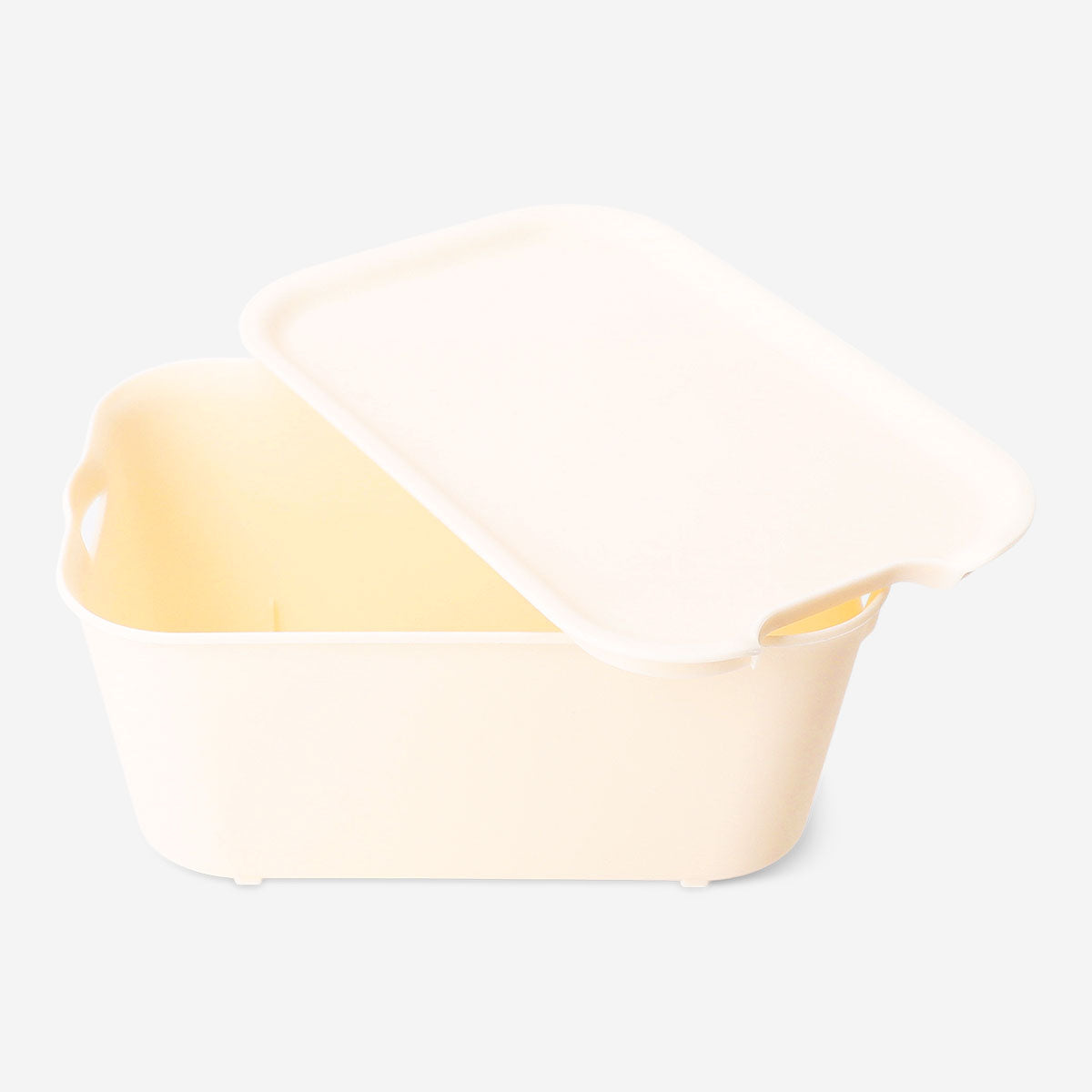 Yellow storage box with lid from Flying Tiger Copenhagen, 13x19 cm, ideal for organizing small household items.