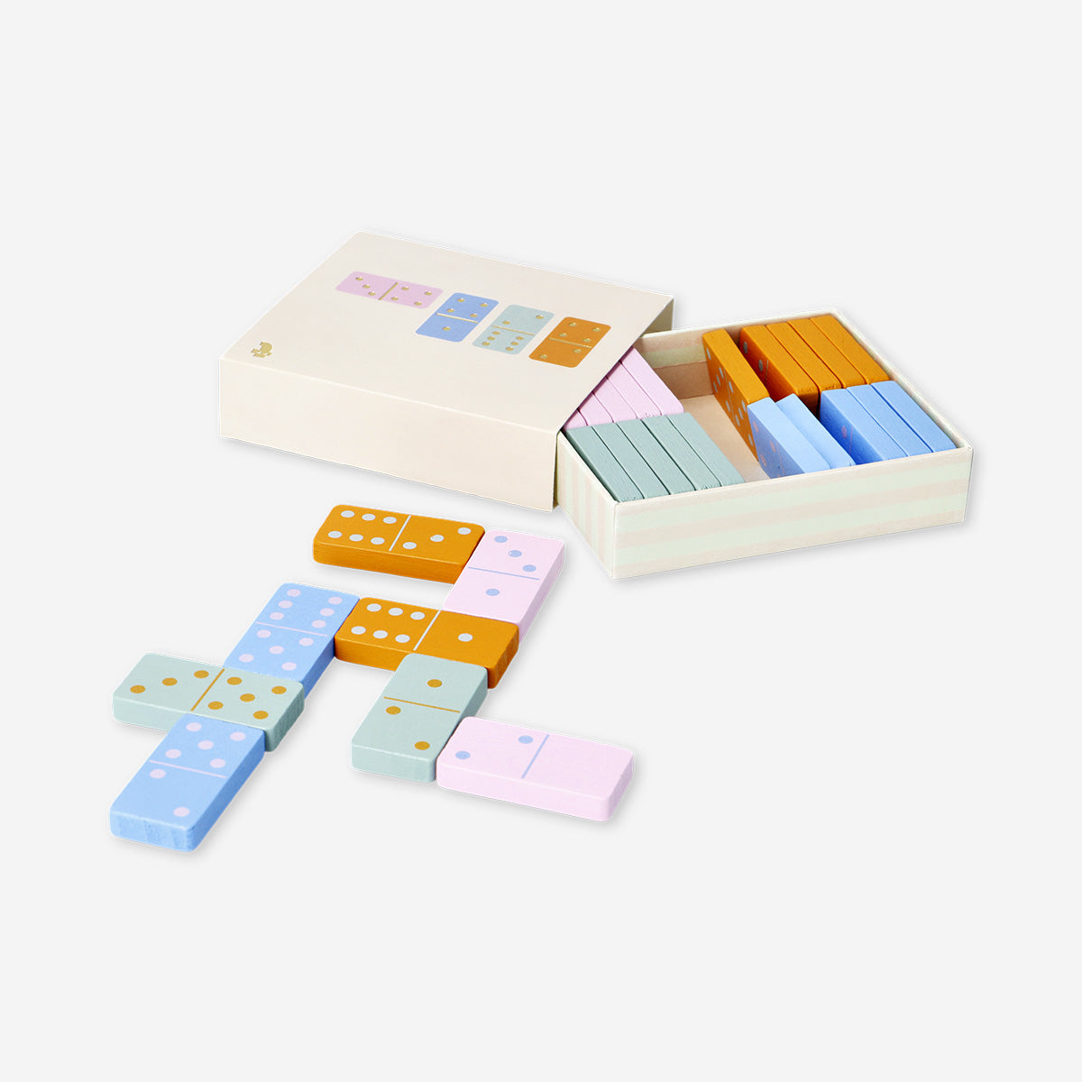 Flying Tiger Copenhagen dominoes game in a box with black and white domino tiles and colorful packaging.