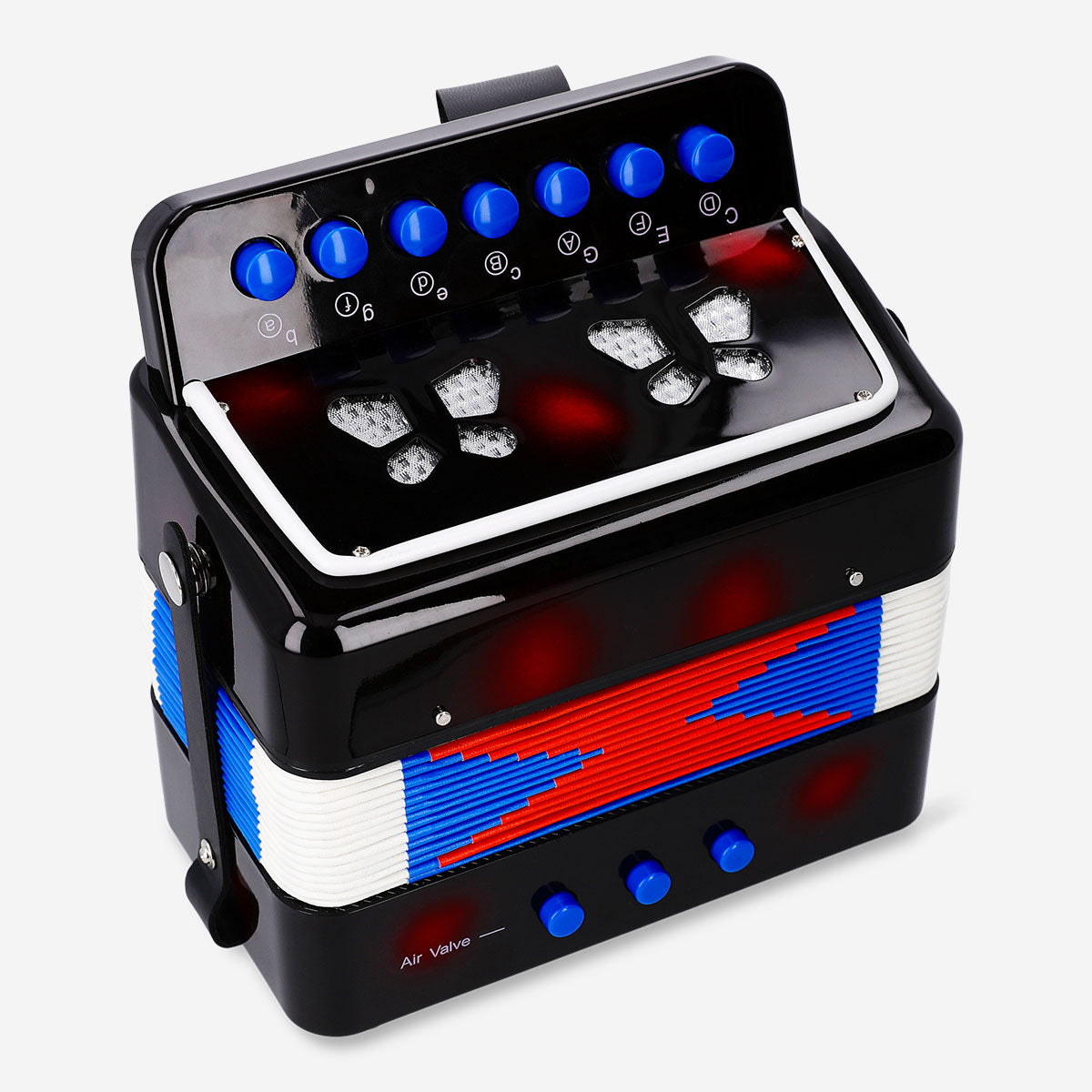 Flying Tiger Copenhagen acoustic accordion gadget with black bellows and metal buttons, showcasing a vintage musical instrument design.