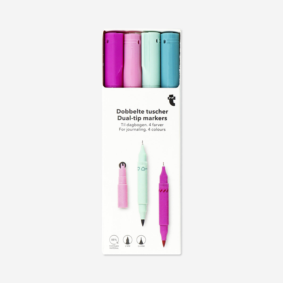 Set of four Flying Tiger Copenhagen dual tip markers with stamps, perfect for office or craft projects.