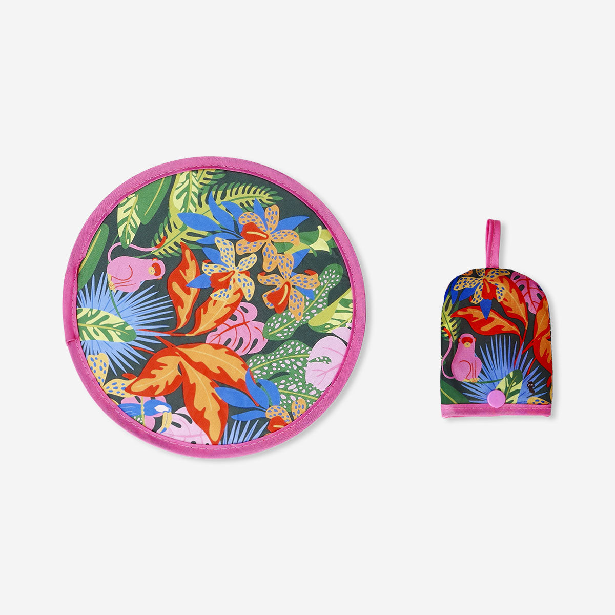 Foldable textile fan with tropical print by Flying Tiger Copenhagen, compact and portable for warm weather.