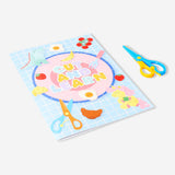 Flying Tiger Copenhagen activity book for kids with scissors, teaching safe scissor use for hobbies and creative crafts.