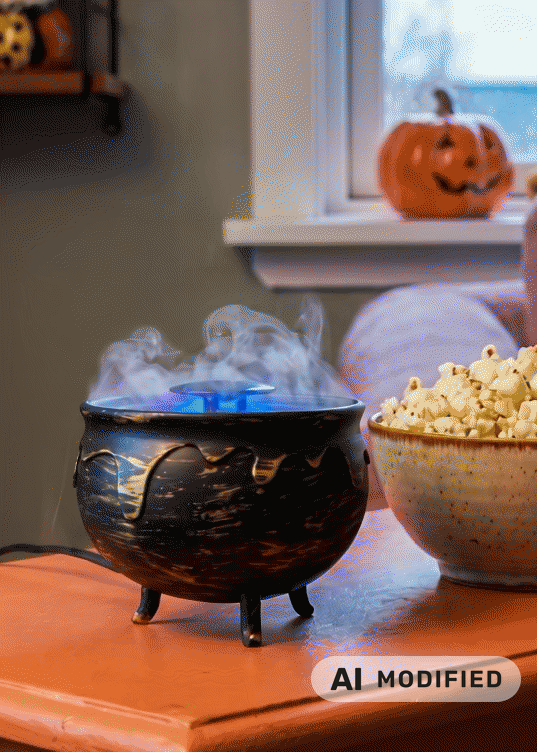 Color-changing fog machine gadget shaped like a 12 cm cauldron from Flying Tiger Copenhagen, with swirling fog and glowing lights.