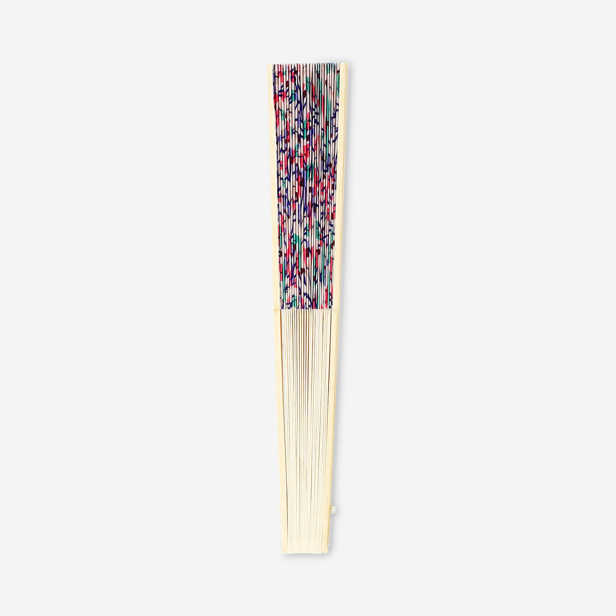Foldable bamboo fan with colorful floral textile design by Flying Tiger Copenhagen, showcasing vibrant multi-colored flower patterns.