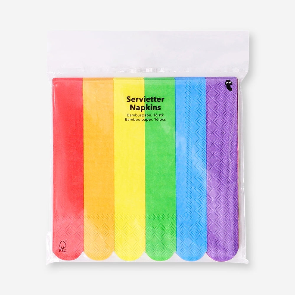 Rainbow party napkins with 16 pieces, featuring colorful striped design, from Flying Tiger Copenhagen.