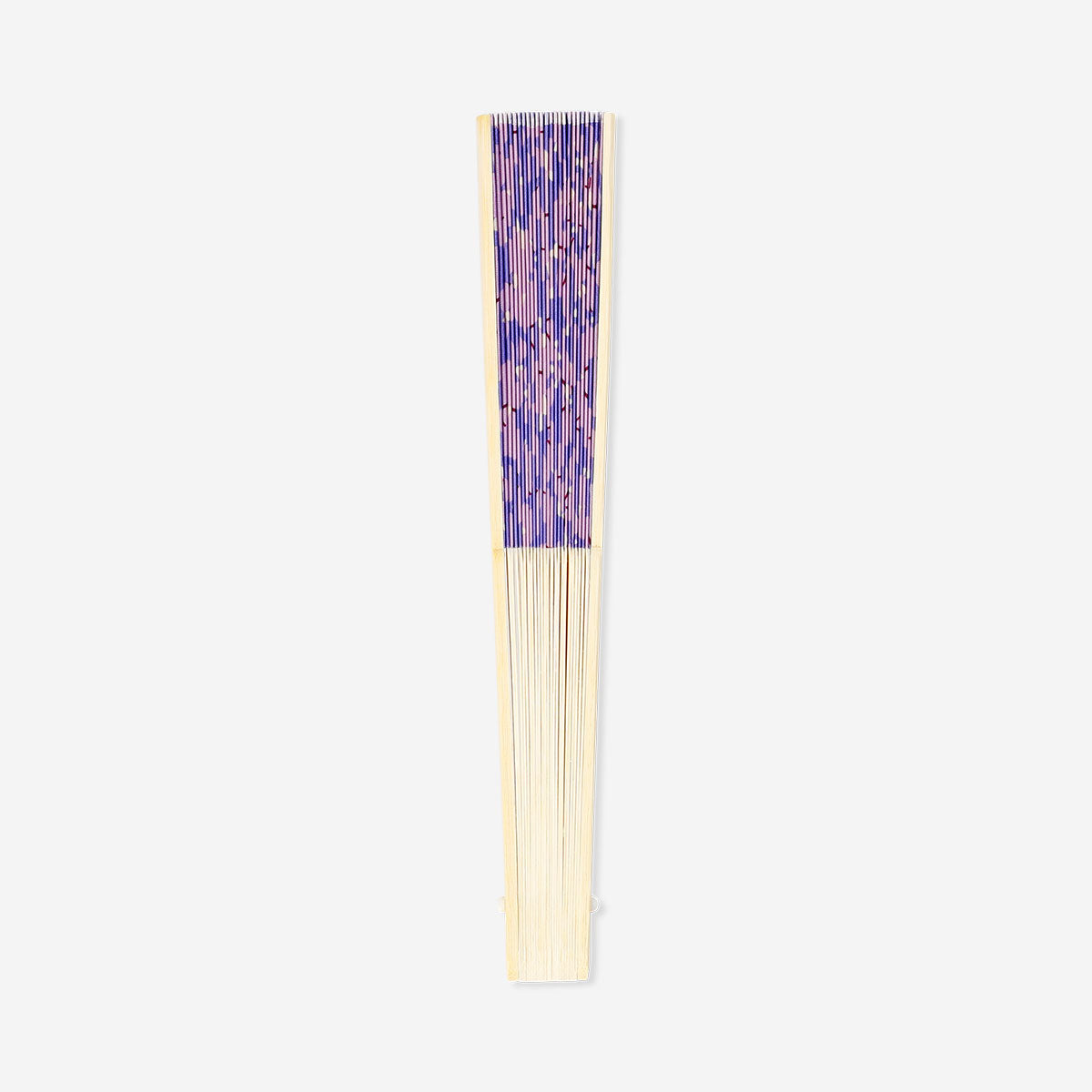 Foldable bamboo fan with purple floral textile design, featuring lightweight construction and vibrant flower pattern by Flying Tiger Copenhagen.
