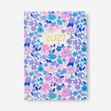 Flying Tiger Copenhagen B6 floral weekly diary 2027 in English, showing vibrant floral cover and open weekly planner pages.