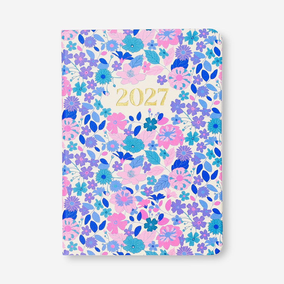 Flying Tiger Copenhagen B6 floral weekly diary 2027 in English, showing vibrant floral cover and open weekly planner pages.