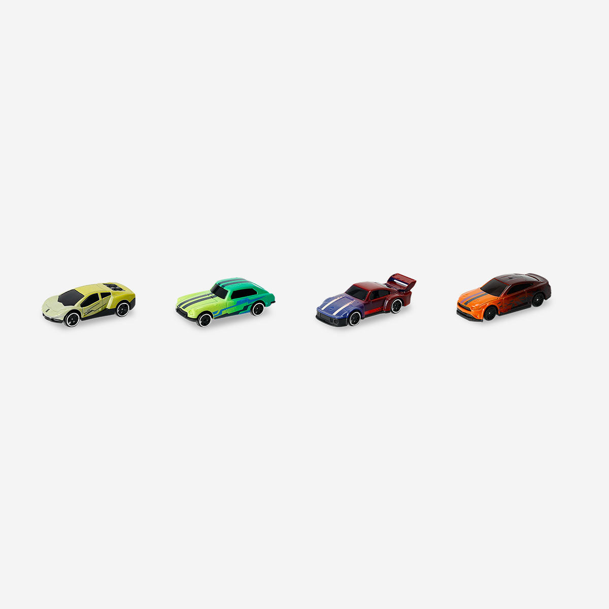 Set of four Flying Tiger Copenhagen colour-changing toy cars with vibrant designs, perfect for kids' play and fun.