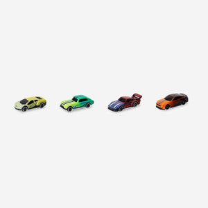 Set of four Flying Tiger Copenhagen colour-changing toy cars with vibrant designs, perfect for kids' play and fun.