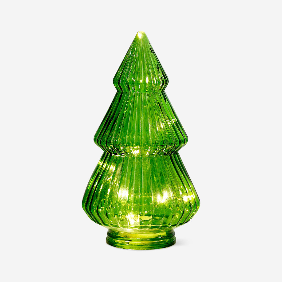 Glowing Christmas tree in glass ornament, Flying Tiger Copenhagen home decor, festive holiday decoration with warm light.