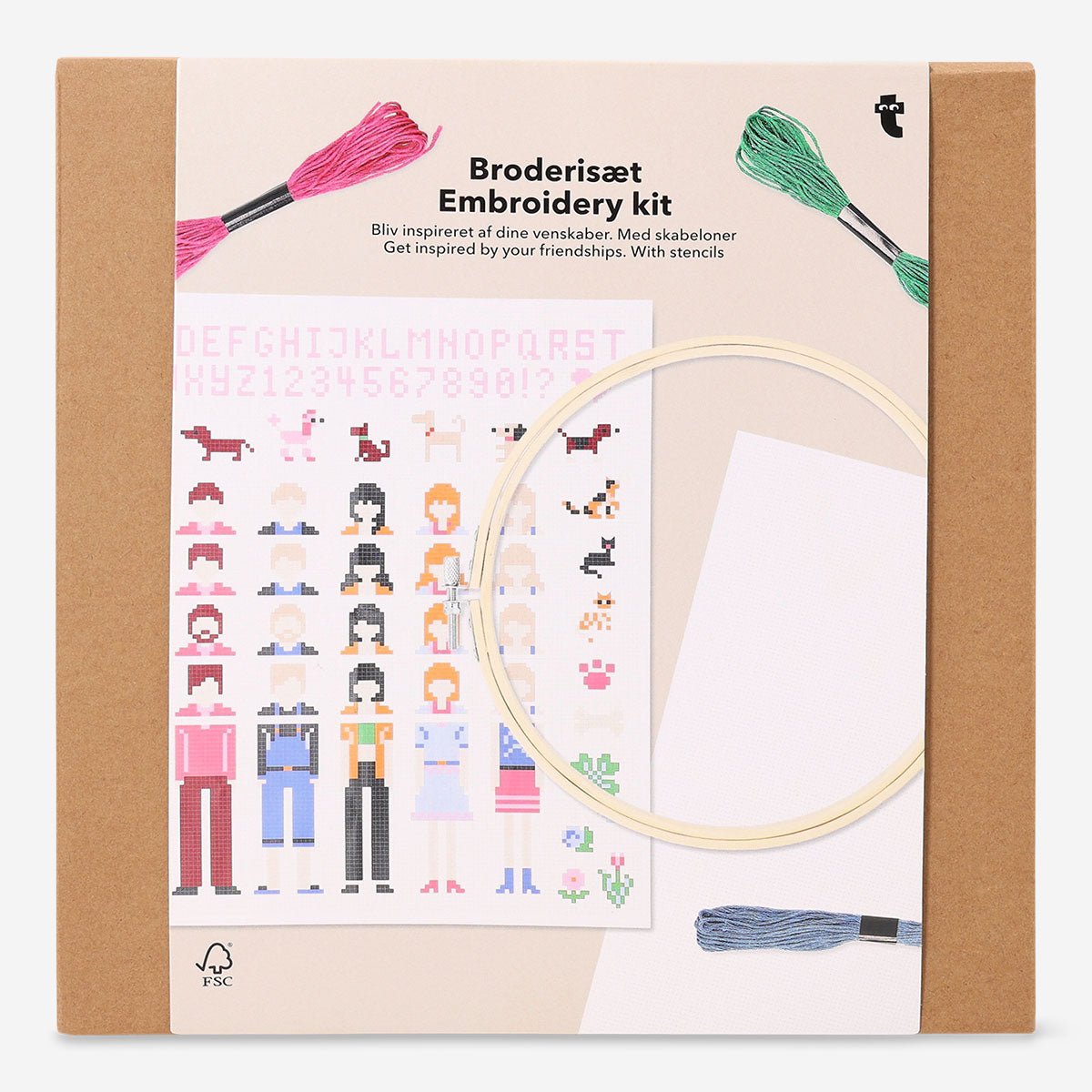 Embroidery kit by Flying Tiger Copenhagen featuring friendship motifs and stencils for creative embroidery projects.