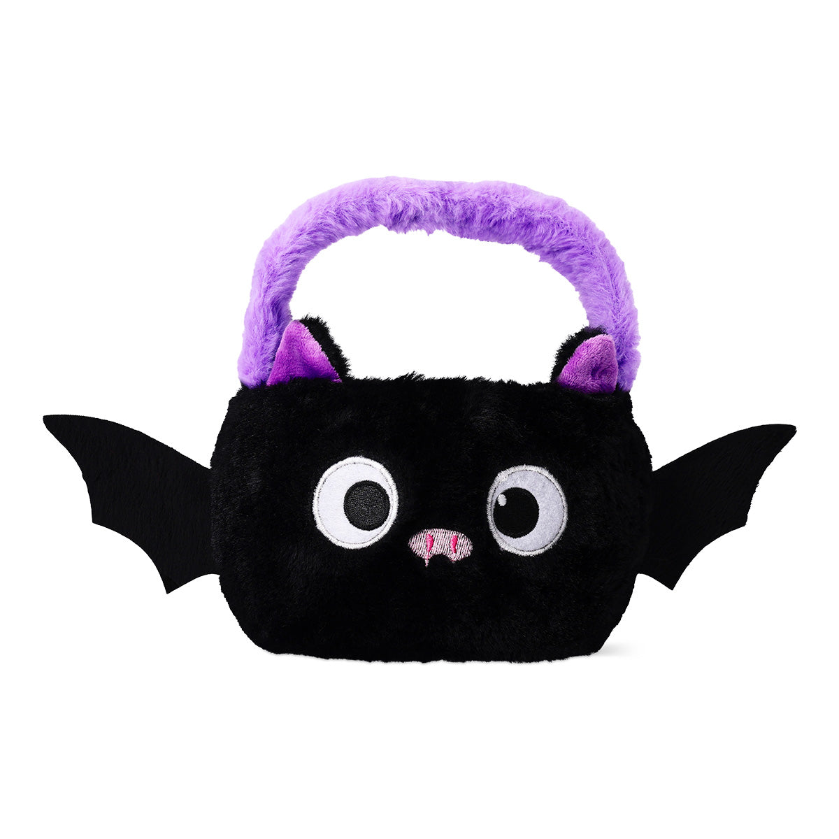 Flying Tiger Copenhagen fluffy bat trick or treat bucket, Halloween party accessory with soft black and purple bat design.