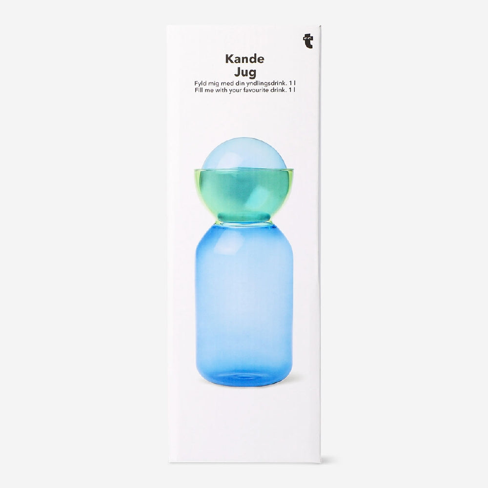 Blue and green 1L glass stopper jug for kitchen use, stylish drinking or serving vessel by Flying Tiger Copenhagen.