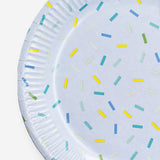 Set of 8 blue confetti paper plates for parties by Flying Tiger Copenhagen, featuring colorful confetti design on sturdy paper.